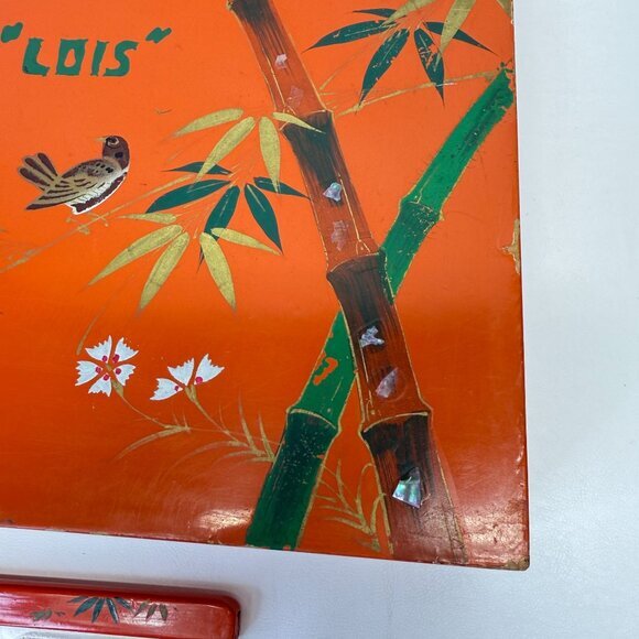 Japanese Lacquered Box and Comb Set Birds Bamboo Vintage Hand Painted MCM - Picture 13 of 16